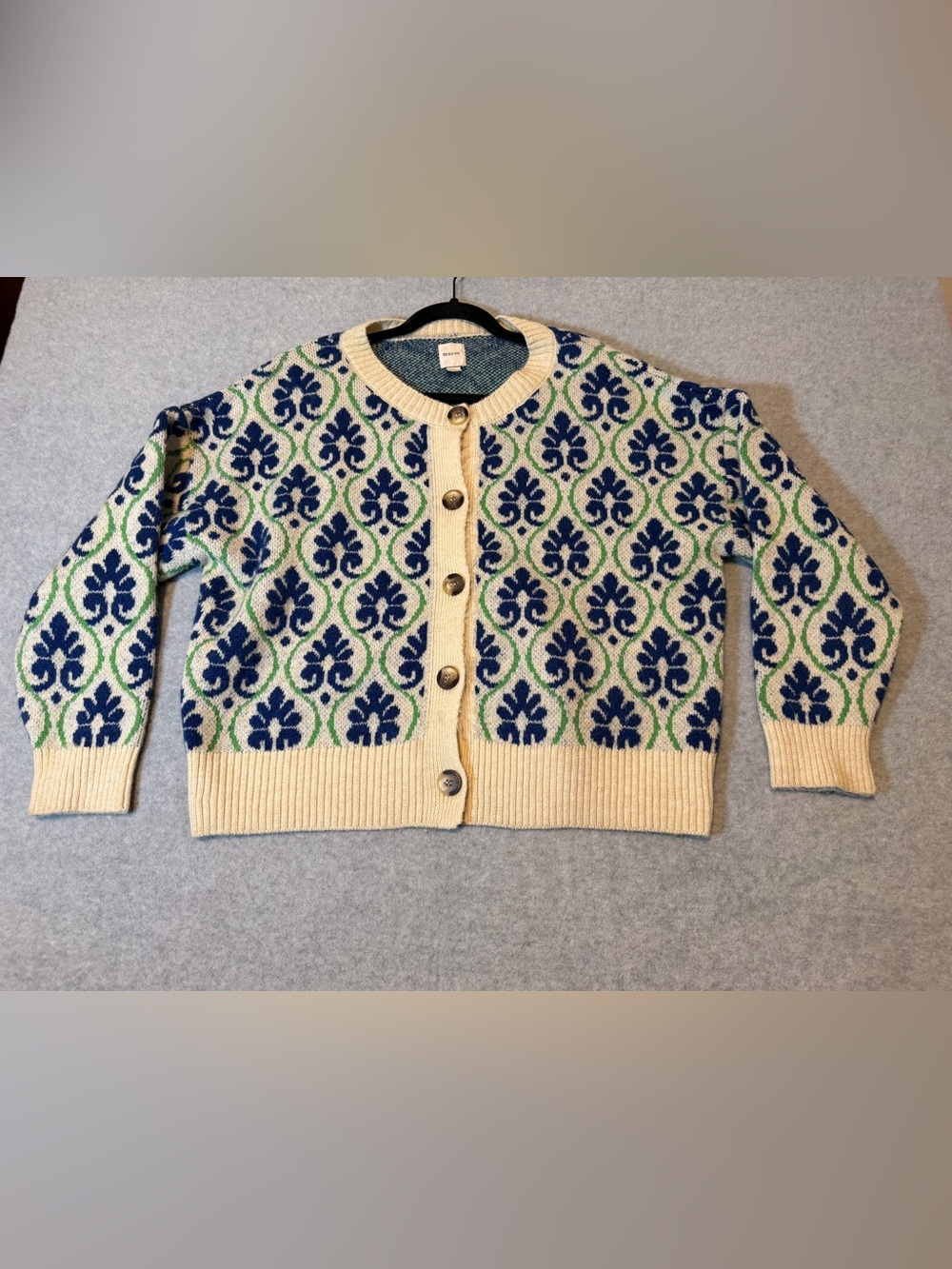 Anthropologie Maeve Cardigan Knit Floral Pop Graphic Intarsia Blue Womens M
